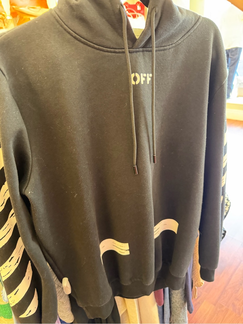 Off-White Black Crewneck Hoodie with Cream Wave Accents